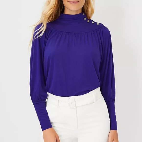 Ann Taylor Sz L Purple Jersey Knit Long Sleeve Shirred Button Turtleneck Top NWT - Picture 1 of 11